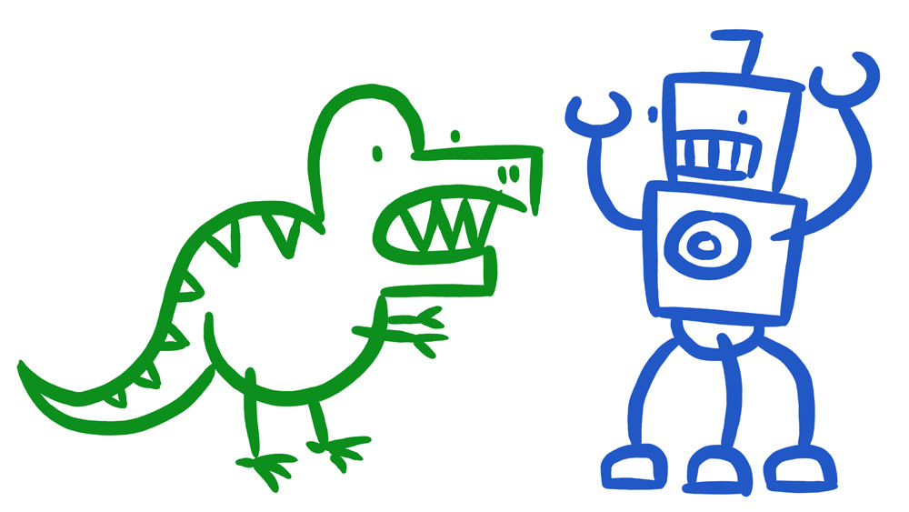 Drawing of a dinosaur and robot