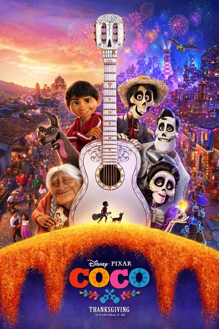A boy, a dog, a grandmother, three skeletons, and a guitar.