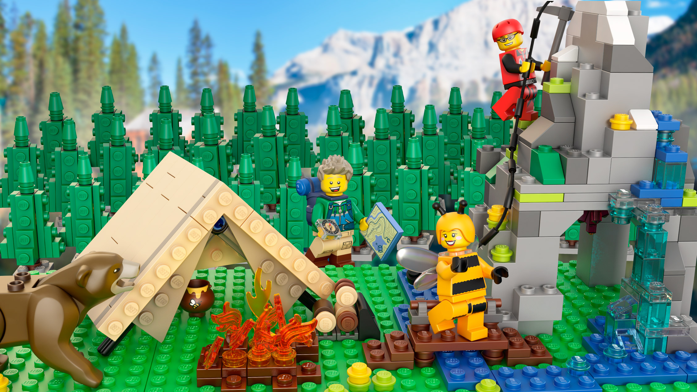 Lego mountain, tent and bear.
