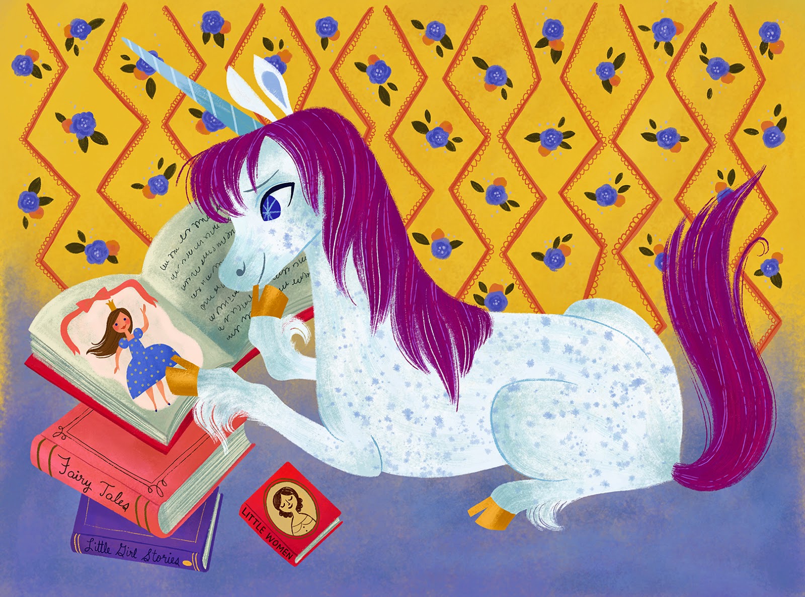 Unicorn reading a book.