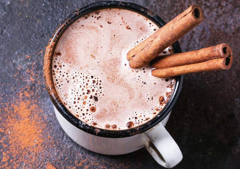 Mug of hot cocoa with two cinnamon sticks