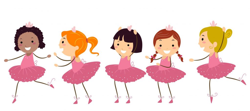 Five clipart ballerinas wearing tutus.