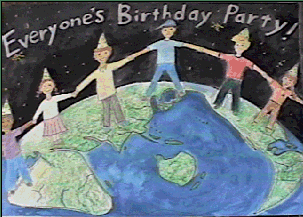 Children wearing party hats and holding hands while standing on the earth.  