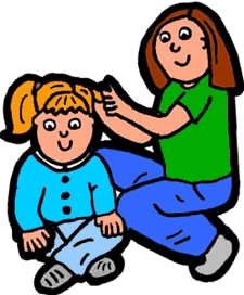 Clipart mom styling her clipart child's hair.