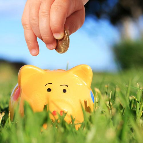 Child putting money into a piggy bank that is in the grass.