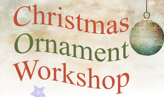 The words, "christmas ornament workshop" with a round ornament to the right of the words.