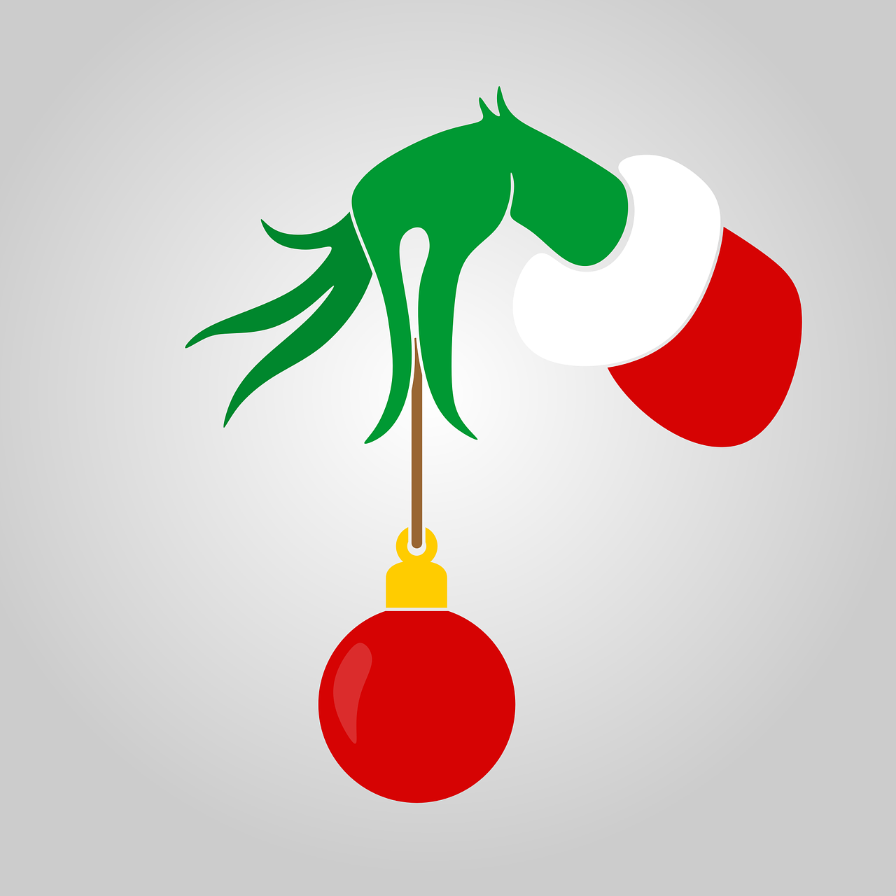 The Grinch's hand, holding a round Christmas ornament by a string.