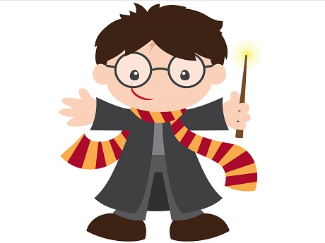 Drawing of a boy wearing glasses, a scarf,  and a robe, and holding a wand