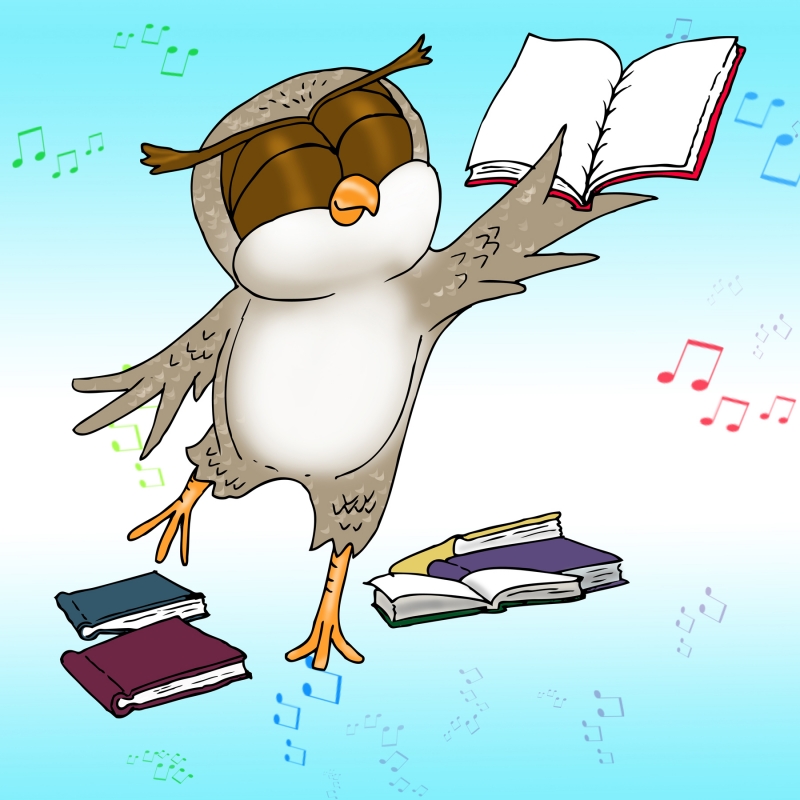Owl dancing with books
