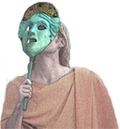 A person wearing a toga, holding a Greek god mask in front of their face.