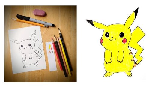A drawing pad with Pikachu drawn on it, surrounded by pencils and erasers.