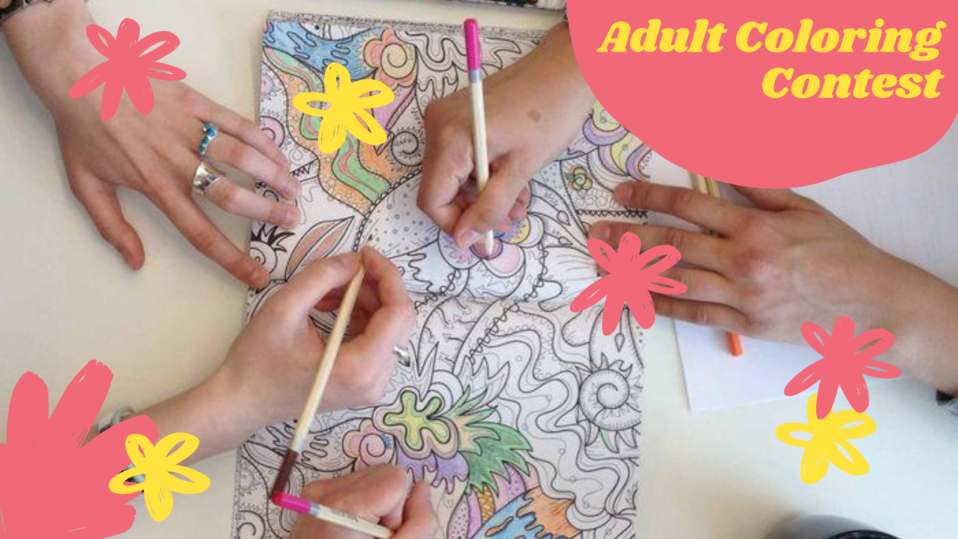 Five hands coloring a picture, using colored pencils