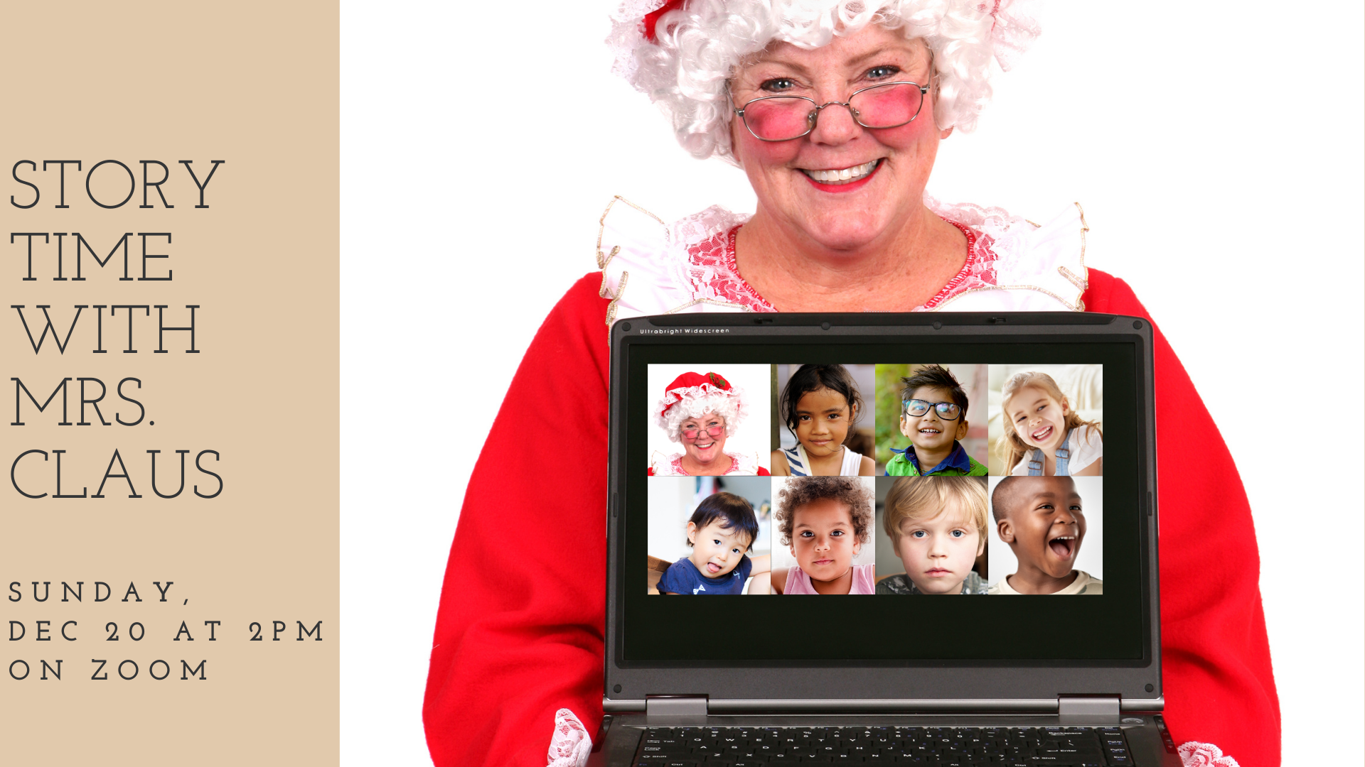 Mrs. Claus, holding a computer