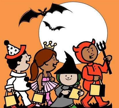 Four children in costume, trick-or-treating.
