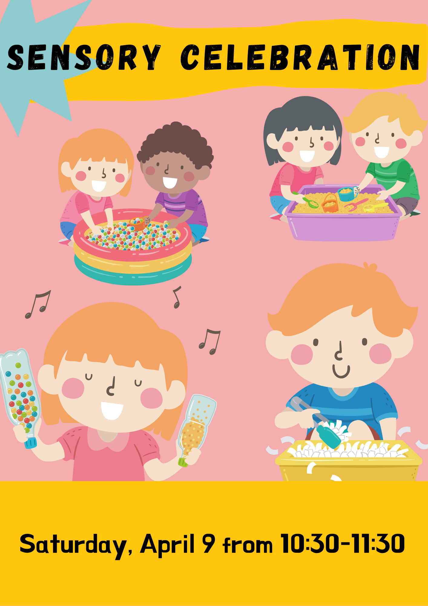 Six children playing with assorted sensory toys.