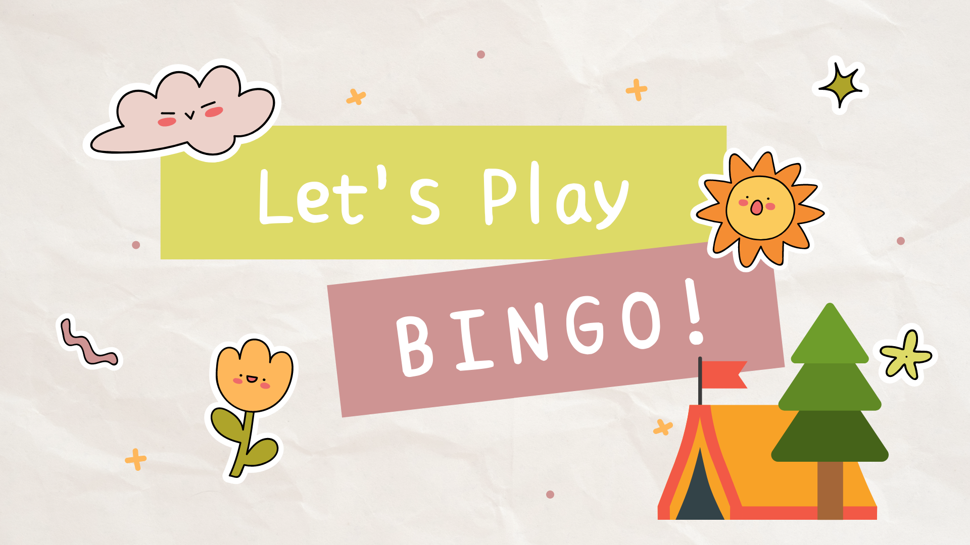 "Let's Play Bingo!" surrounded by camping clip art.