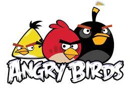 Three angry bird characters.  One is triangular, the other two are round.