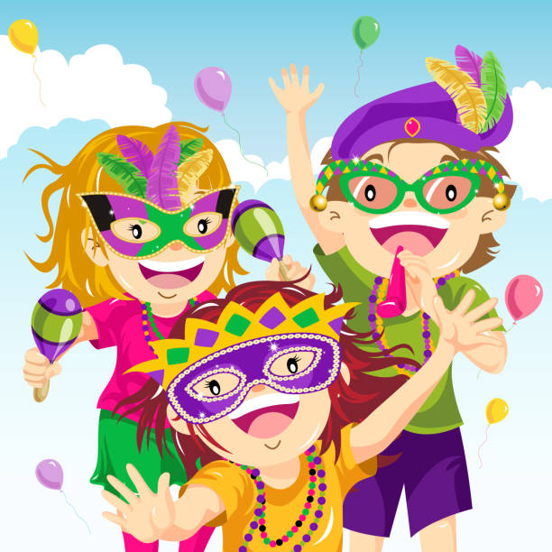 Three kids dressed in Mardi Gras masks.