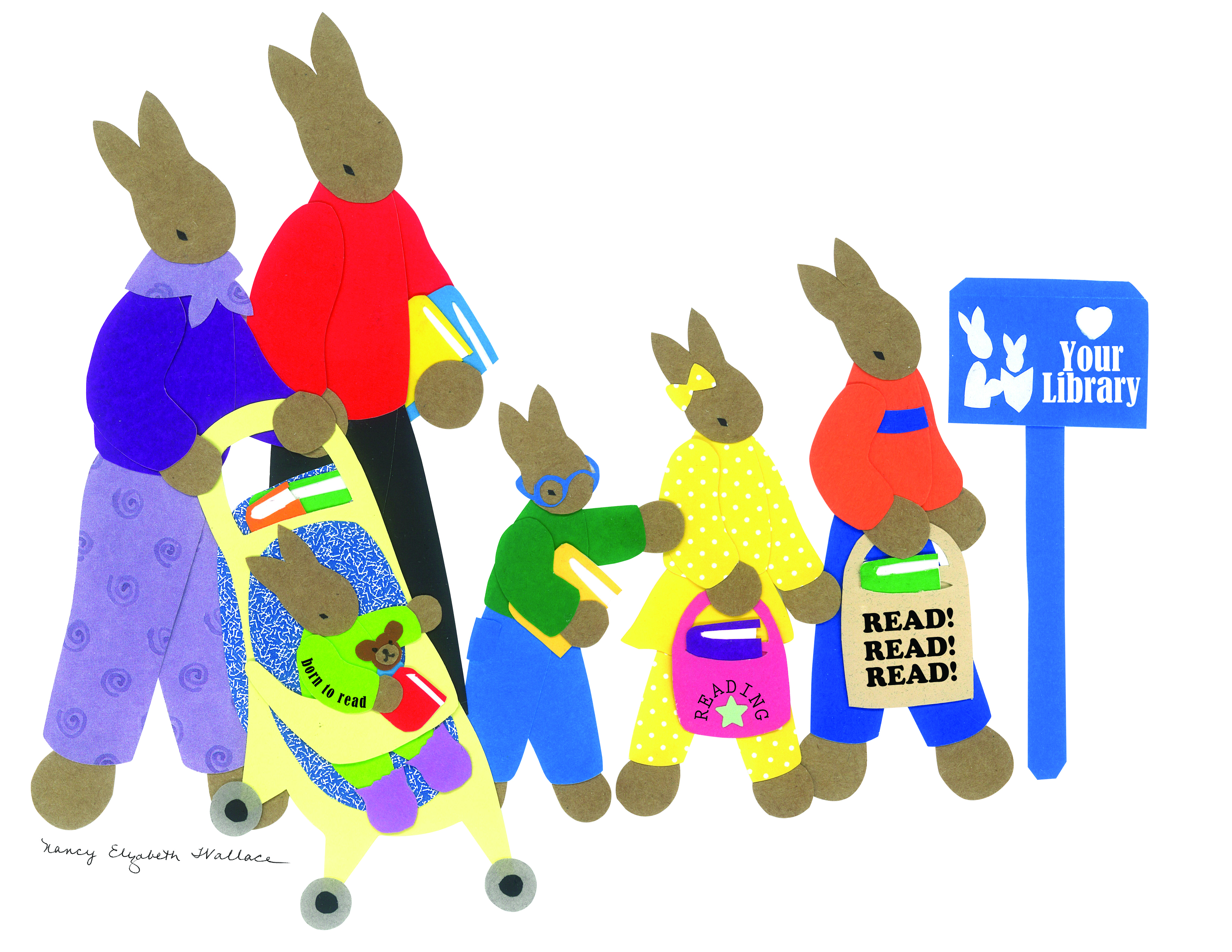 A family of rabbits going to the library.