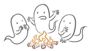 Three ghosts around a campfire.