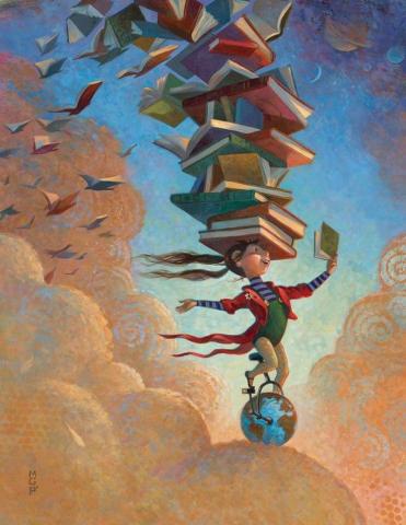 Girl on globe with books on her head.