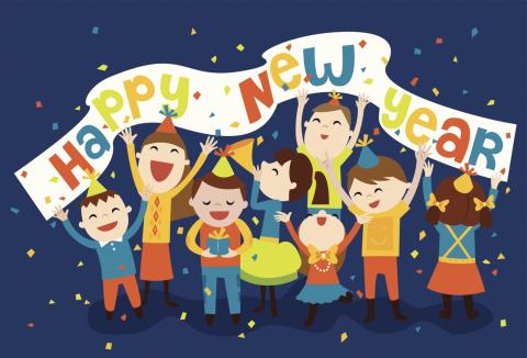 Group of children holding a Happy New Year banner