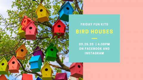 A variety of brightly colored bird houses.