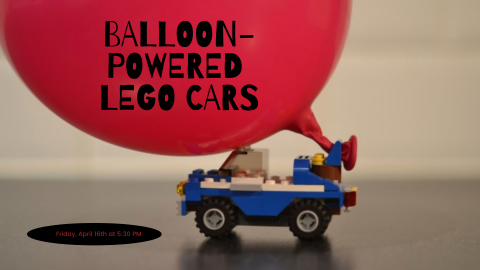 A car built our of Legos attached to an inflated balloon.