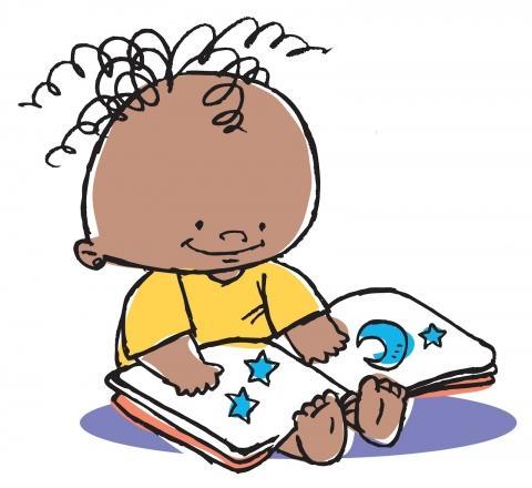 Cartoon baby with an open book on his/her lap.