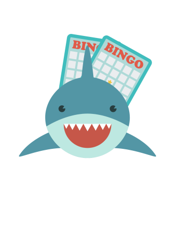 Cute smiling shark in front of two bingo cards.