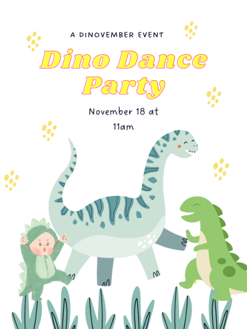 Two dinosaurs and a child in a dinosaur costume dancing
