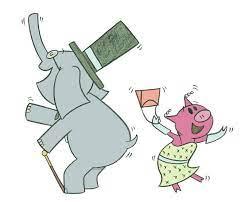 Mo Willem's Elephant and Piggie characters dancing in formalwear.