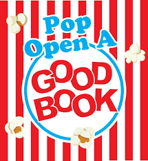 Pop Open a Good Book on a striped background with a few pieces of popcorn.