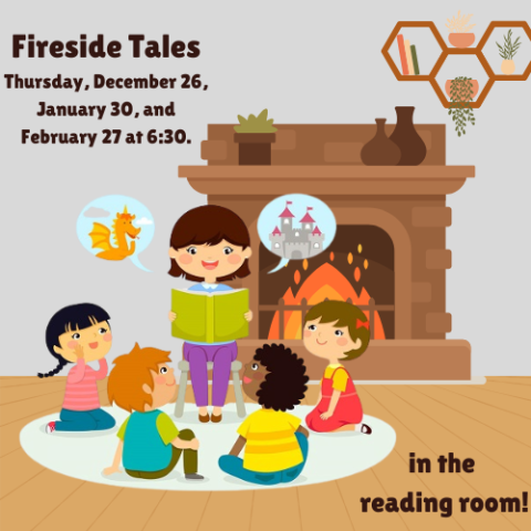 A woman reading to a group of children in front of a fireplace.