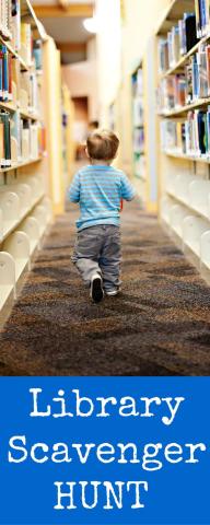 Small child walking through library stacks.