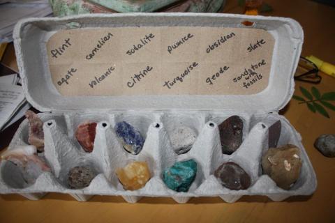 A rock collection in an egg carton