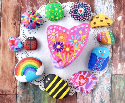 An assortment of painted rocks