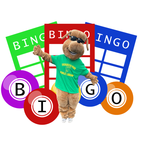 Our dog mascot in front of bingo cards