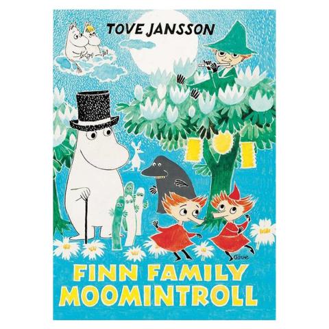 The cover of the book Finn Family Moomintroll.  Moomins are white, hippo-like characters that walk on two feet.