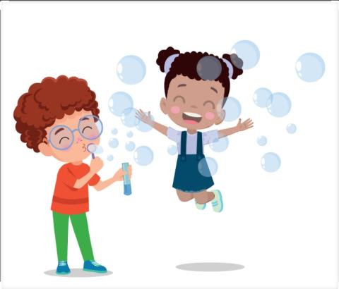 Two kids playing in bubbles.
