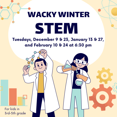 Illustration of two children wearing lab coats and doing experiments