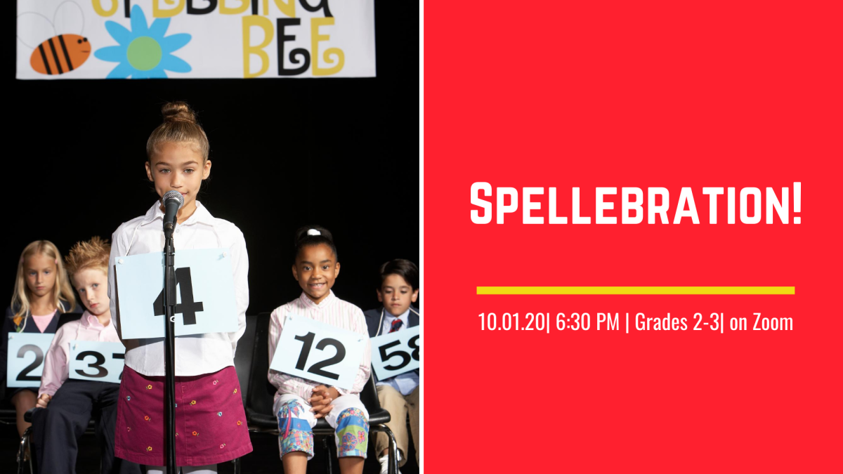 A little girl with a bun at a spelling bee, standing at a microphone