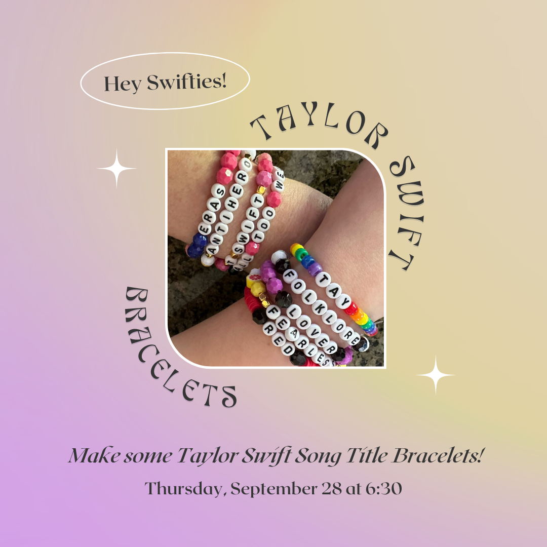 Two wrists covered in Taylor Swift beaded bracelets.