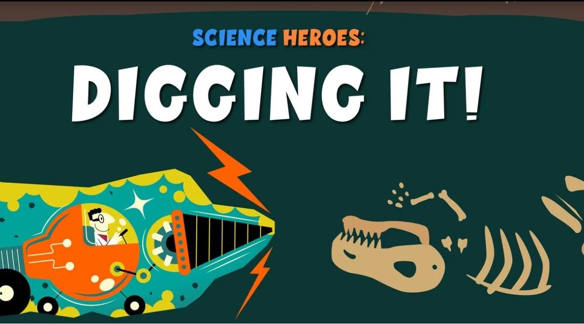 An underground vehicle digging towards dinosaur bones.